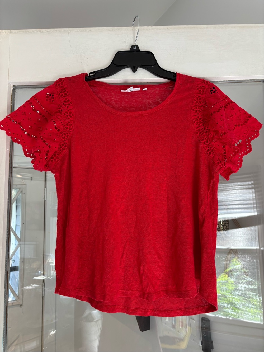 Chico's Red Short Sleeve Eyelet Lace Knit Tee Size 1 (Medium)
